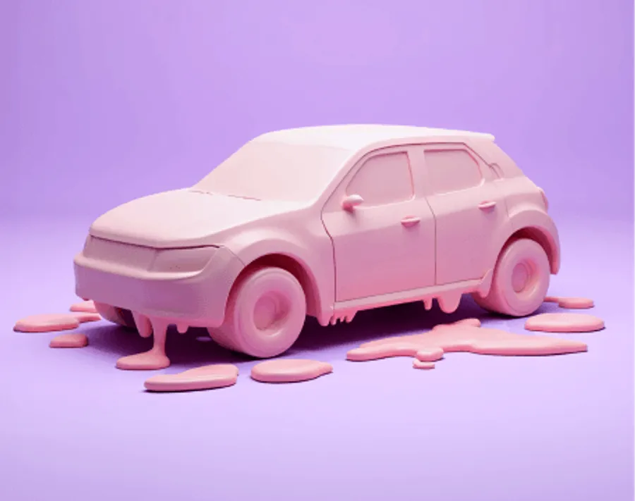 Pink melting car sculpture on a purple background with puddles around it.