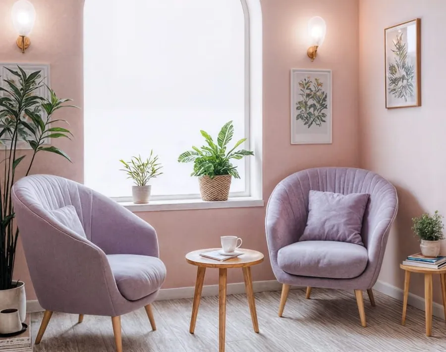 Cozy sitting area with two lavender armchairs, round wooden table, plants, and floral wall art.