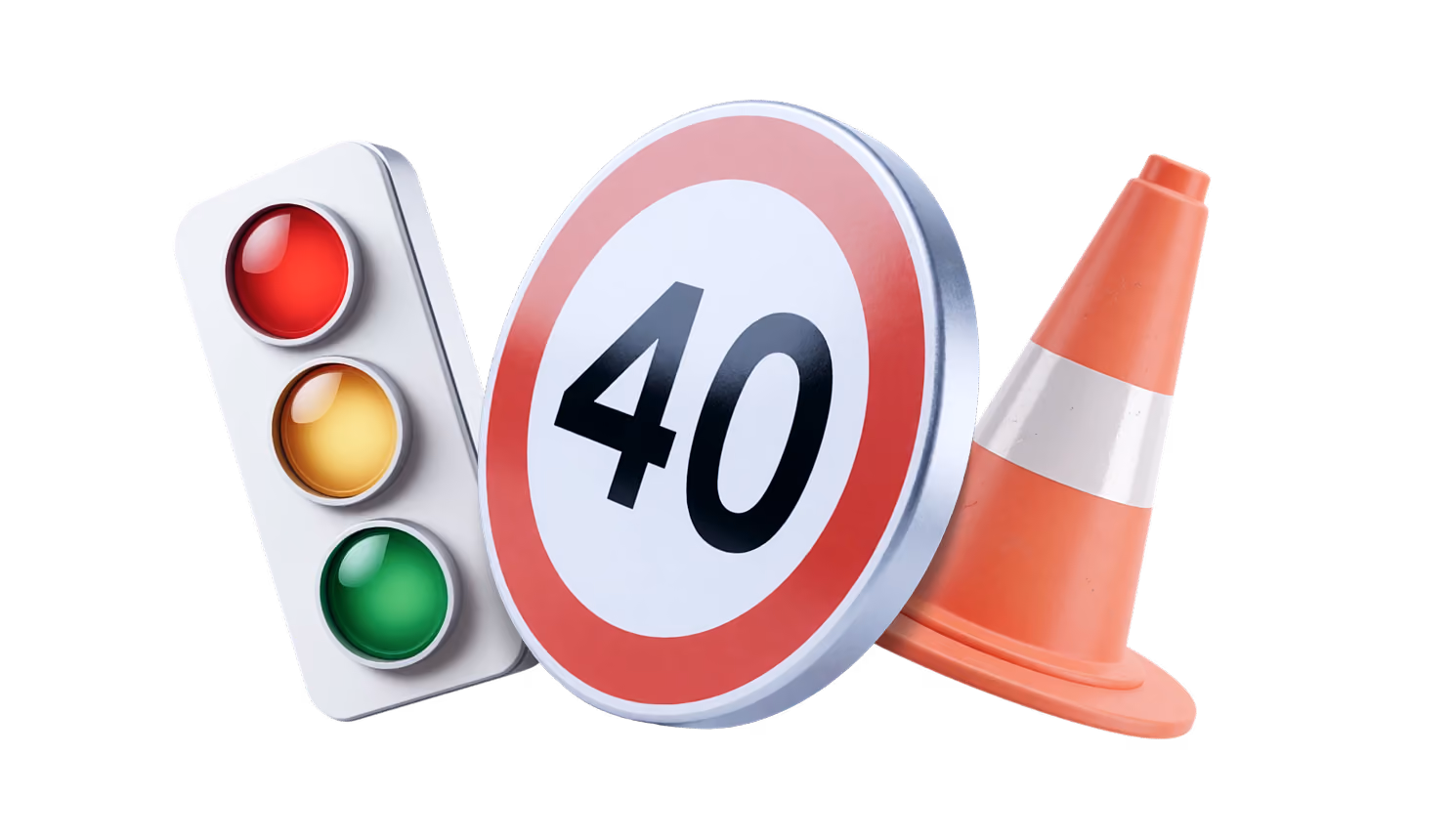 Traffic light with red, yellow and green lights, 40 speed limit sign, and orange traffic cone.