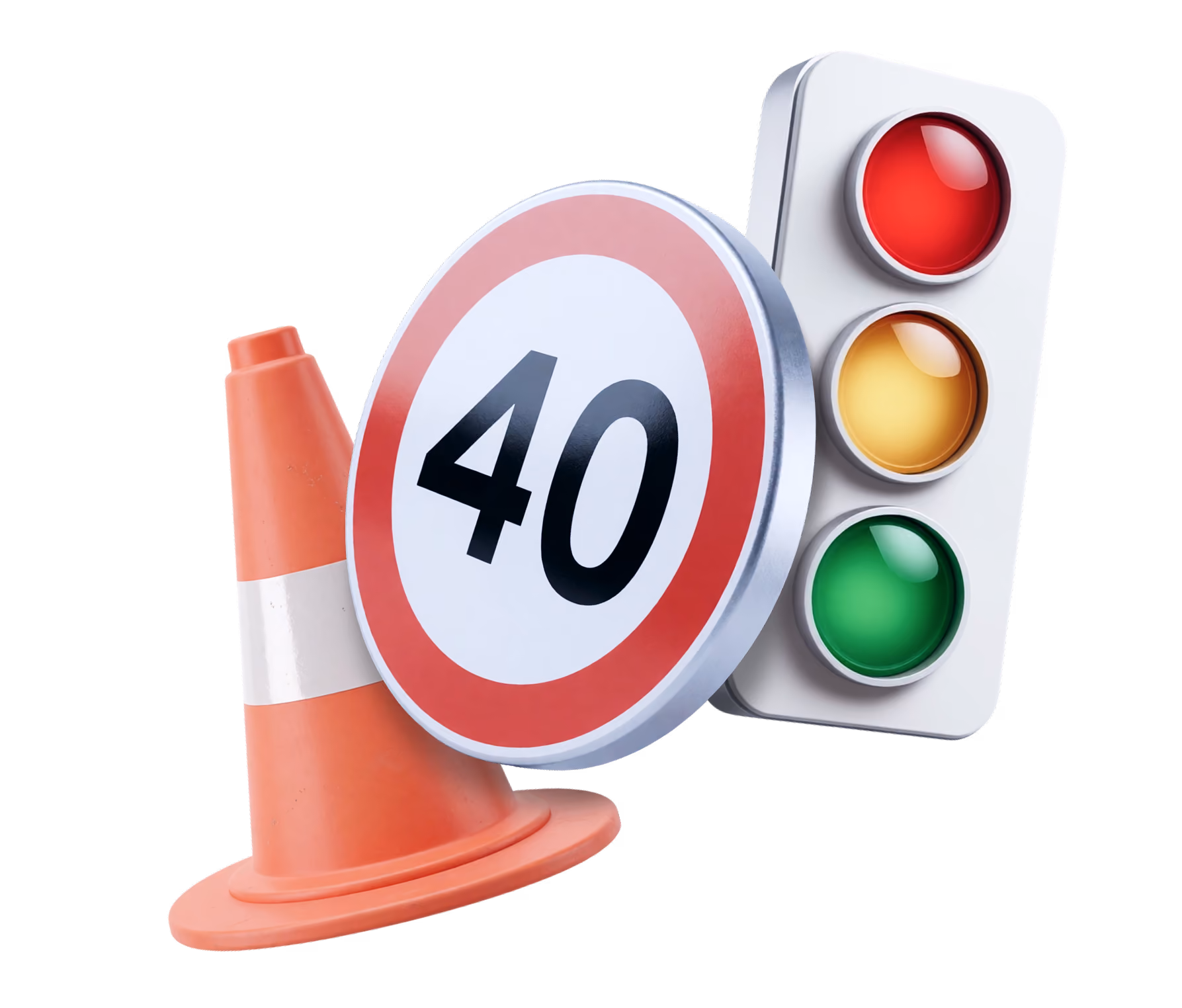 Traffic cone, a 40 mph speed limit sign, and a red-yellow-green traffic light grouped together.