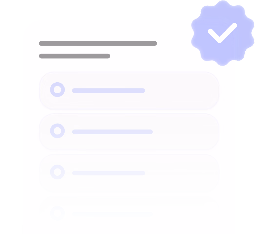 Checklist with four items and a blue verification badge with a white checkmark on the top right.
