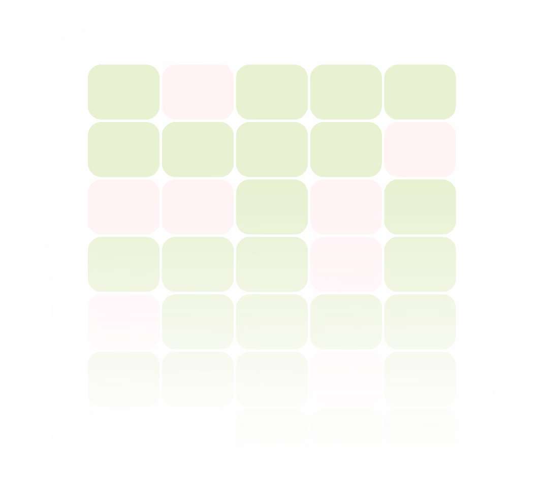 Colored blocks arranged in rows and columns, mostly green with some pink and yellow blocks.