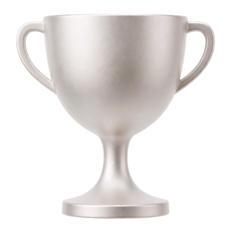 Silver trophy cup with two handles on a pedestal base isolated on black.