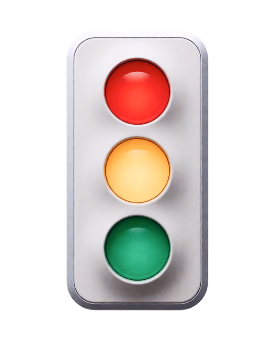 Red, yellow, and green traffic light vertically aligned on a gray rectangular panel.
