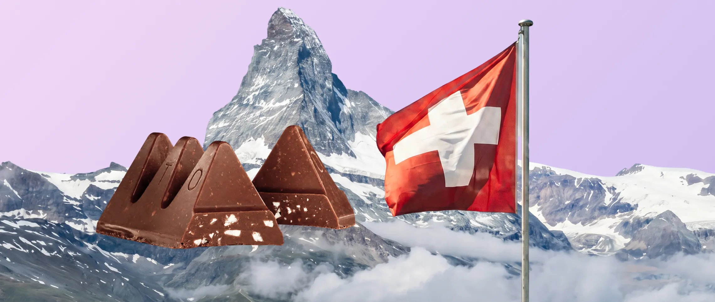 Swiss chocolate pieces shaped like mountains with the Matterhorn and Swiss flag in the background.